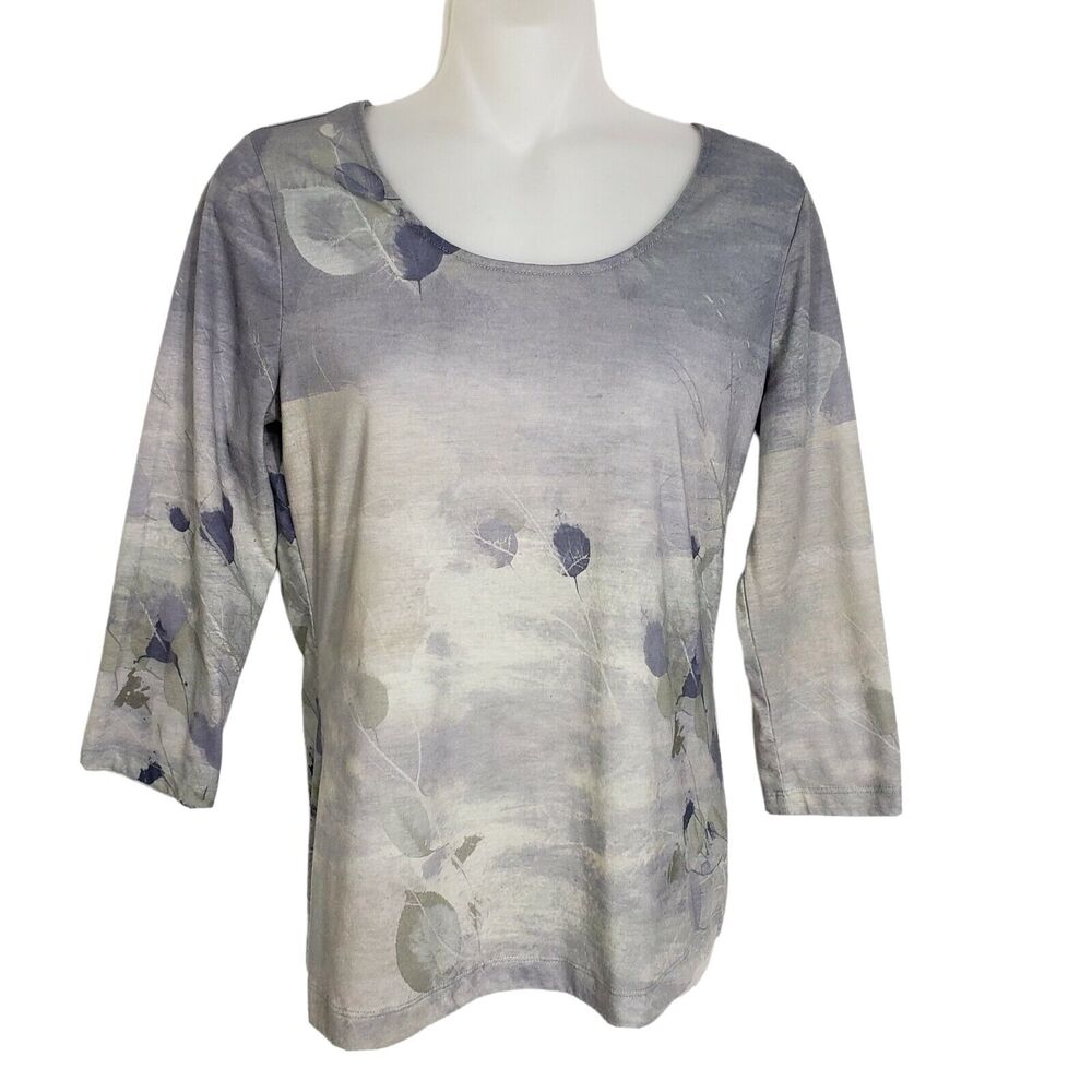 Coldwater Creek Womens Top XS 4 Green Blue Leaves Printed 3/4 Sleeve Round Neck